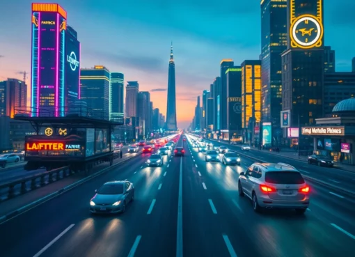 Showcasing innovative technology in an urban setting with neon lights and smart vehicles.