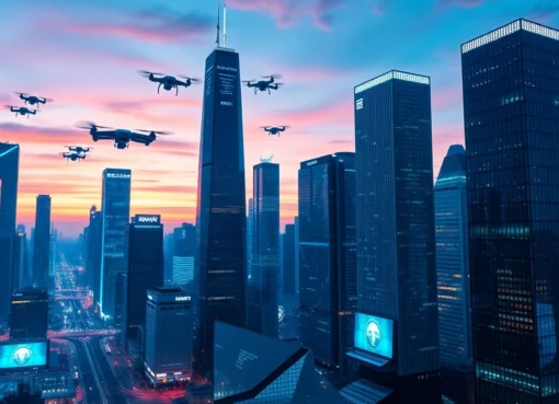 Showcasing cutting-edge technology in a vibrant cityscape at dusk with glowing skyscrapers and digital displays.