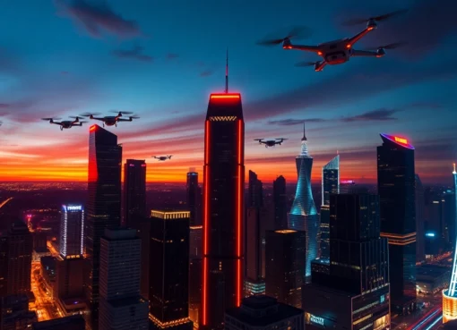 Showcase technology in a vibrant cityscape with advanced skyscrapers and buzzing drones.