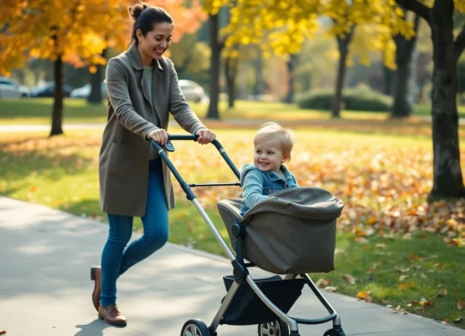 Image showcasing parhaat lastenrattaat in use during a family walk in a vibrant park for easy outdoor adventures.