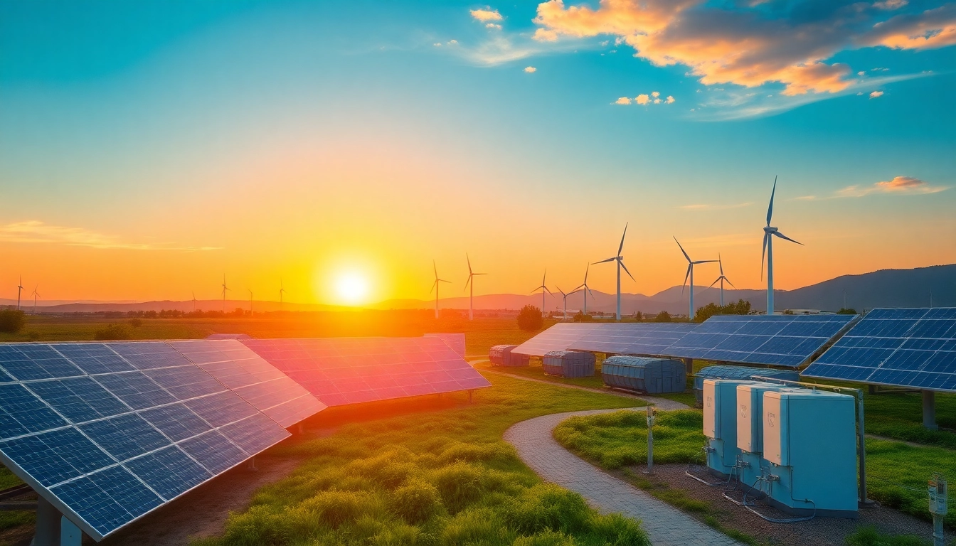 Renewable energy sources in action with solar panels, wind turbines, and energy storage to promote sustainable development efficiently and cleanly.