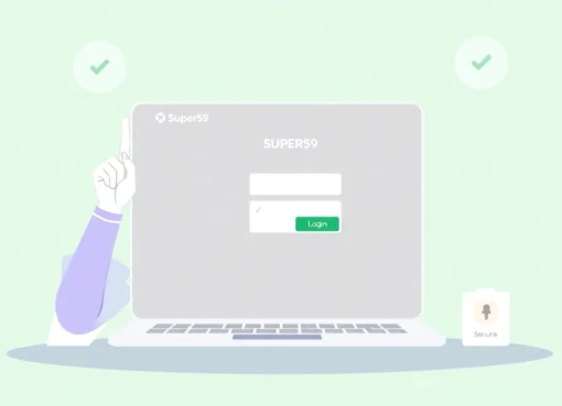 Super59 login page interface with secure access, showing login form and branding elements for Indonesian users