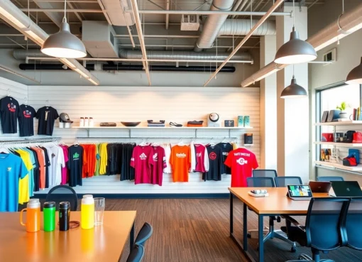 Colorful display of promotional products in Louisville, highlighting branded apparel, drinkware, and tech items for businesses.
