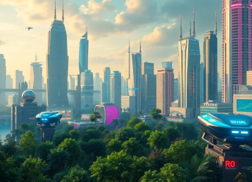 Explore an advanced technology city with greenery, drones, and smart vehicles