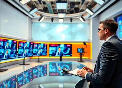 Up-to-date news coverage with a professional journalist monitoring breaking news on screens, emphasizing the importance of current news.