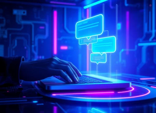 An illustration of a person interacting with a neon-lit AI interface in a futuristic environment.