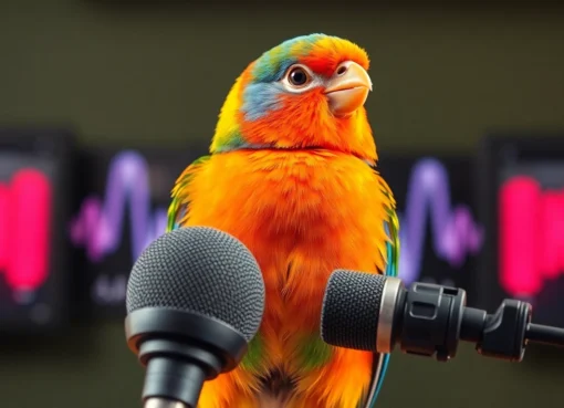 Bird Talk Radio logo with a colorful bird and microphone, inviting listeners to tune into natural bird conversations.