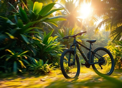 Trek mountain bike navigating lush Indonesian rainforest terrain with hikers in the background for outdoor adventure enthusiasts.