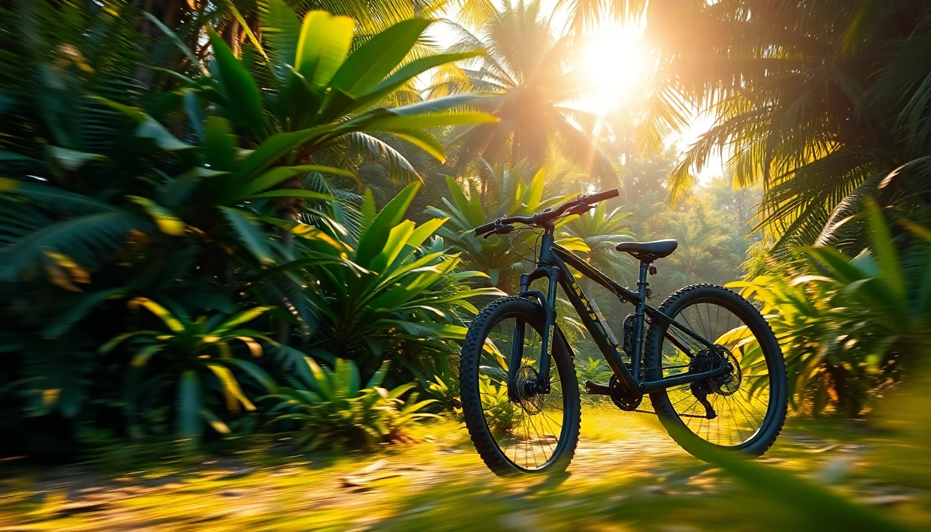 Trek mountain bike navigating lush Indonesian rainforest terrain with hikers in the background for outdoor adventure enthusiasts.