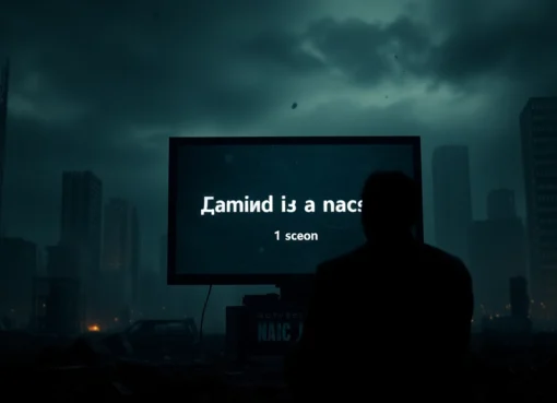 Futuristic survivor watching "Одни из нас 1 сезон смотреть онлайн" in a ruined cityscape during twilight, capturing a tense, immersive moment.