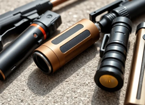 Self-Defense Weapons like pepper spray, stun gun, and baton showcased for personal safety use, emphasizing protection and preparedness.