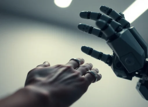 Human or Not AI: Image showing a human hand versus a robotic hand, emphasizing the test of human versus AI identification skills.