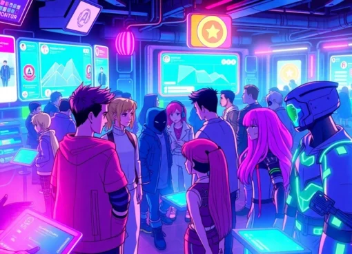 Virtual social media environment with avatars and characters from various fandoms interacting in a colorful digital hub.