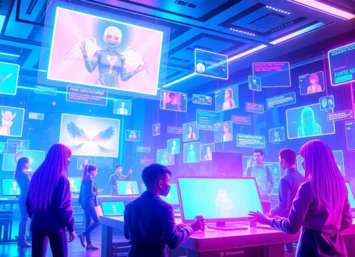 Futuristic digital social media environment with holographic avatars and AI characters in a cyberpunk style