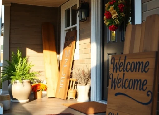 Elegant wooden welcome signs greeting guests at a charming front porch, crafted with rustic details and seasonal accents, perfect for outdoor decor.