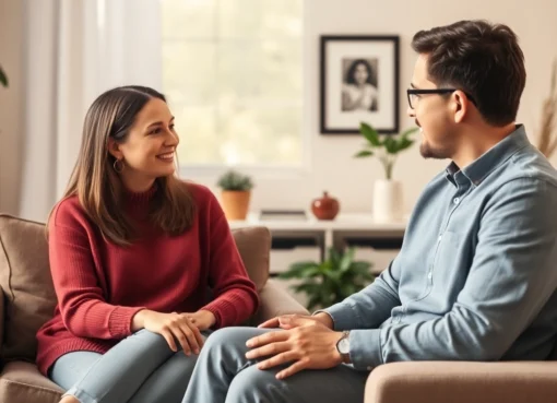 Couples Counselling Mississauga session showing a trusting couple in a welcoming therapy environment, promoting relationship healing and communication.
