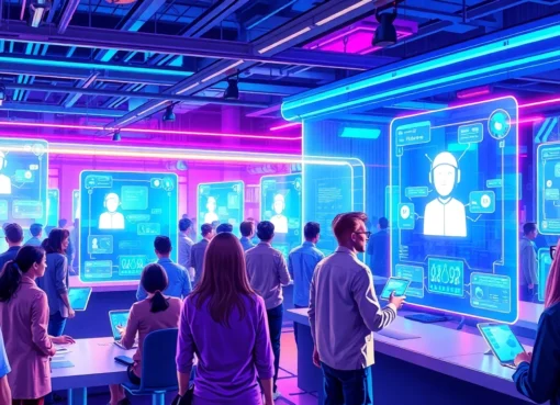 An illustration of a modern workspace with holographic screens showing AI chatbot interfaces and people interacting with virtual assistants, illuminated by neon lights.