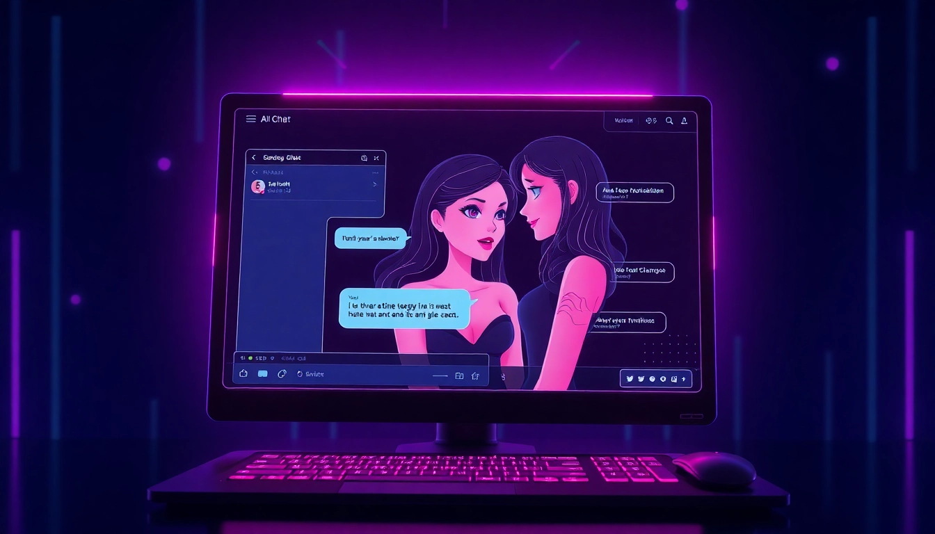 An illustration of a digital chat environment featuring a sensual female AI character with vibrant neon colors and a modern interface, emphasizing intimacy and advanced AI technology.