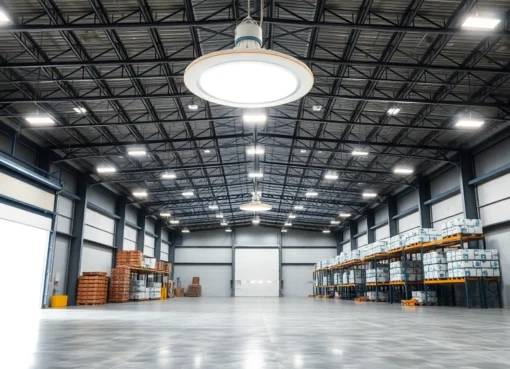 Moderne Industriehalle mit LED-Beleuchtung, helle und gleichmäßige Ausleuchtung, sichtbare Lagerregale und Stahlträger.