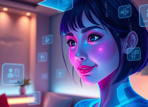 Futuristic AI chat scene with a virtual girlfriend displayed on holographic interface in a modern room