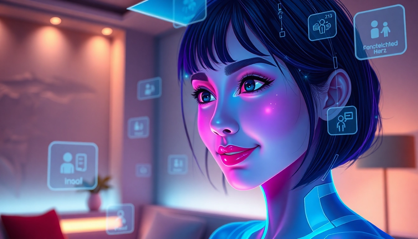 Futuristic AI chat scene with a virtual girlfriend displayed on holographic interface in a modern room