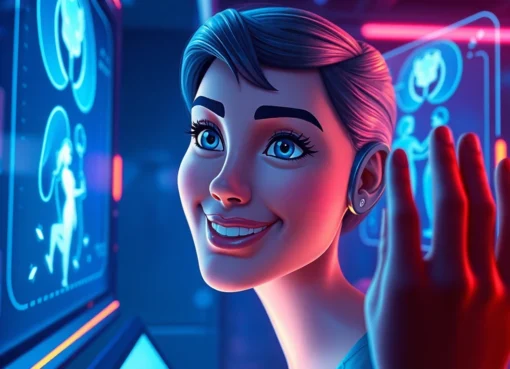 Futuristic AI chat environment featuring a digital character with expressive gestures and holographic visuals.