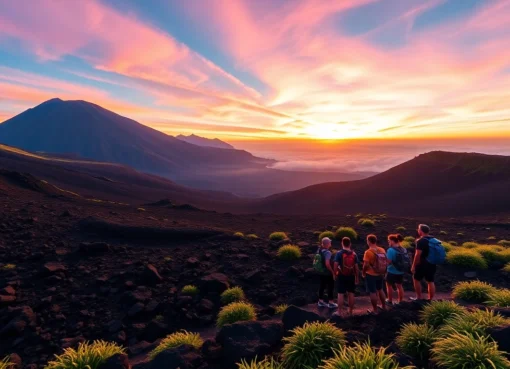 The Ultimate Guide to the Best Mount Rinjani Trekking Experience in Lombok An awe-inspiring sunrise view of Mount Rinjani with hikers in the foreground, showcasing the volcanic landscape and vibrant sky.