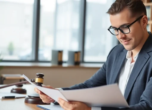 Avocat timisoara consulting legal documents in a professional office environment, emphasizing expertise and trust.