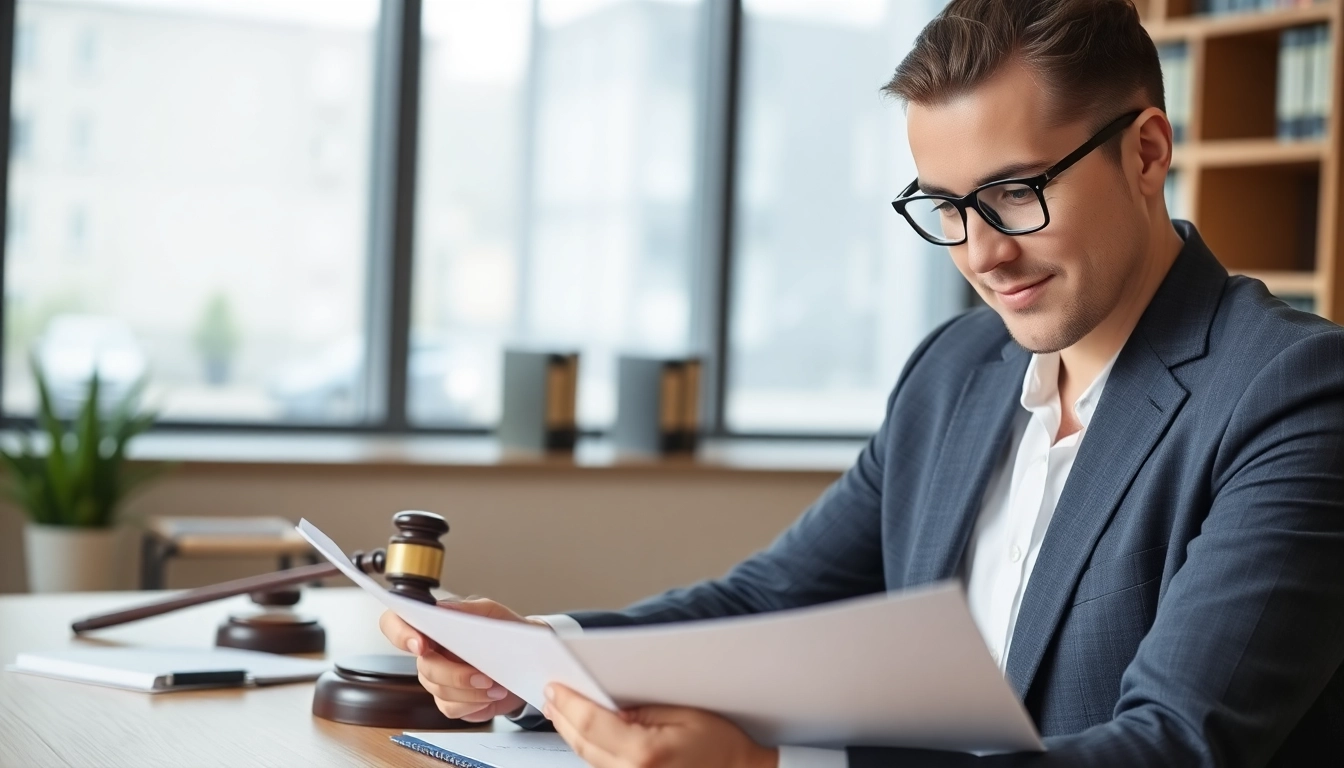 Avocat timisoara consulting legal documents in a professional office environment, emphasizing expertise and trust.