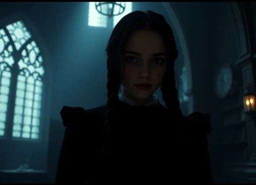 Образ сериал Уэнсдей с мрачной школой и загадочной атмосферой, привлекательный героиня в готическом стиле, яркая детализация и интрига для зрителей.