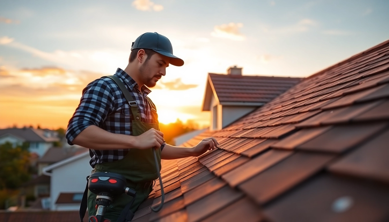 Experienced roofer performing roof repair on a sunny day, showcasing tools and safety gear for accessibility and clarity.