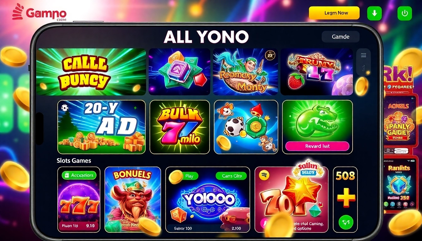 All yono games featured on a mobile screen with colorful icons of rummy, slots, and arcade games, highlighting fun and secure gaming experiences for players.