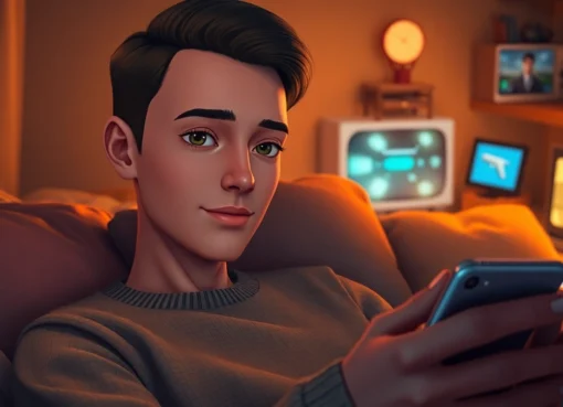 Realistic digital scene of an intimate moment between an AI character and a user in a cozy, warmly lit room.