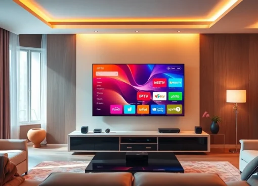 IPTV streaming device with colorful TV screen displaying multiple channels and content options, demonstrating easy setup and user-friendly interface.