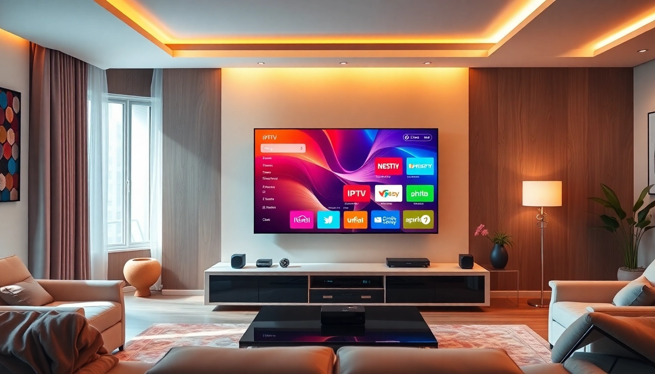 IPTV streaming device with colorful TV screen displaying multiple channels and content options, demonstrating easy setup and user-friendly interface.