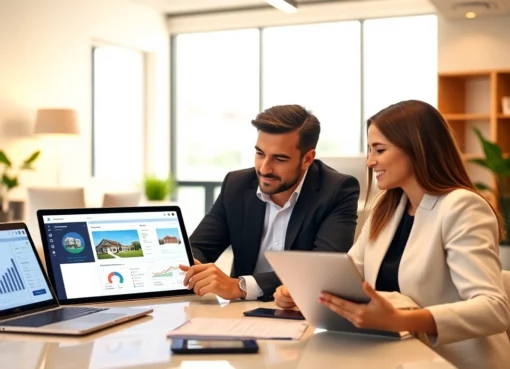 All-in-one real estate platform visual with agents managing listings, leads, and transactions seamlessly on digital devices in a collaborative setting.