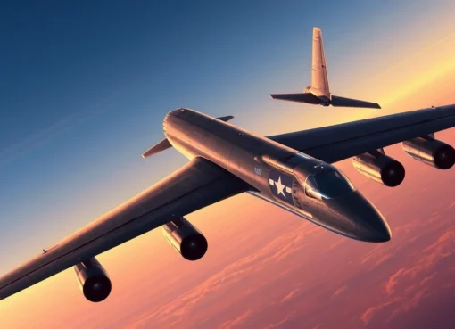 The B52 strategic bomber soaring aloft with sunset-lit skies, showcasing its long fuselage and powerful engines.