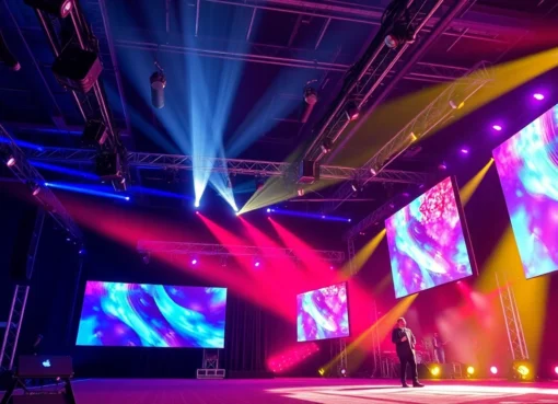 Professional Veranstaltungstechnik Köln showcasing a vibrant stage setup with sound, lighting, and multimedia systems in Köln, ready for a diverse event, designed for engaging audiences.