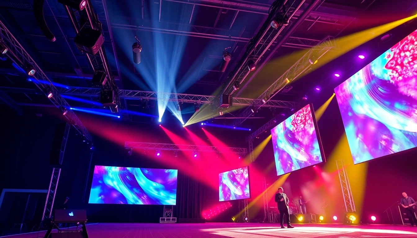 Professional Veranstaltungstechnik Köln showcasing a vibrant stage setup with sound, lighting, and multimedia systems in Köln, ready for a diverse event, designed for engaging audiences.