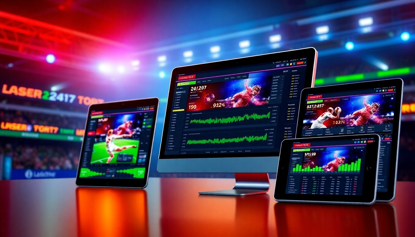 Laser247 online betting platform interface on mobile and desktop, showing live sports betting and casino games with secure transactions to attract users.