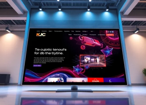 KJC logo displayed on a sleek digital platform symbolizing global connectivity and modern media solutions for online entertainment and communication.