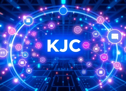 KJC logo shown within a dynamic digital network, emphasizing connectivity, innovation, and technological advancement.