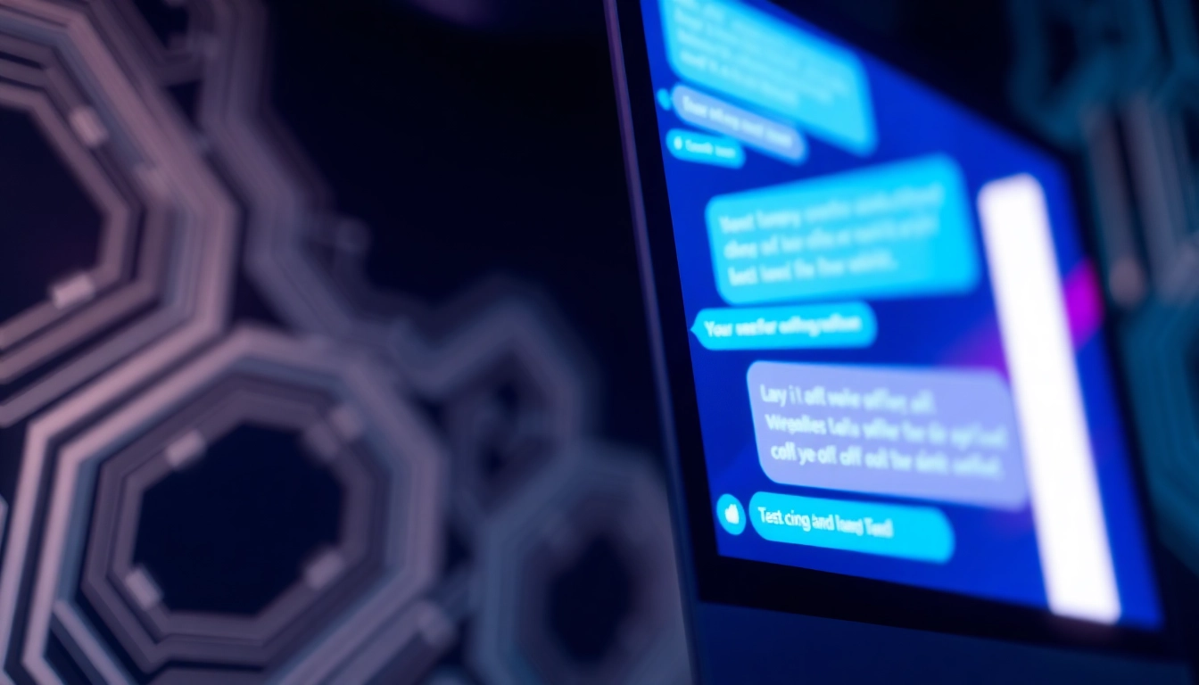 Close-up of a digital chat interface with neon text bubbles on a dark background, highlighting advanced AI technology.