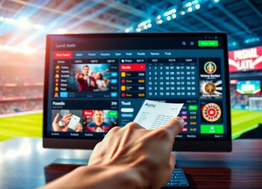 An engaging digital scene of a sportsbook and casino interface with a sports arena background and vibrant betting options.
