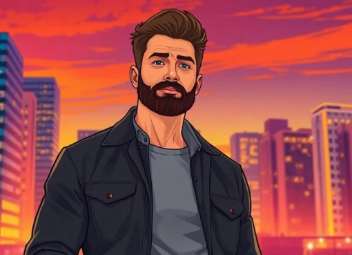 An illustration of a confident man with a city skyline at sunset in the background.