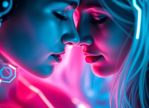 AI girlfriend engaging in a realistic, unfiltered NSFW chat on a sleek digital screen with vibrant neon accents for an immersive experience.