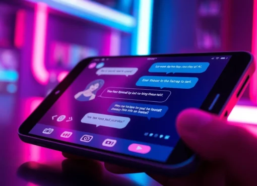 Futuristic digital chat interface on a device screen with vibrant neon colors and playful dialogue bubbles.