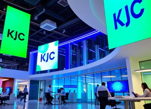 KJC logo displayed prominently on a digital screen within a high-tech office, emphasizing innovation, digital connectivity, and a professional environment.