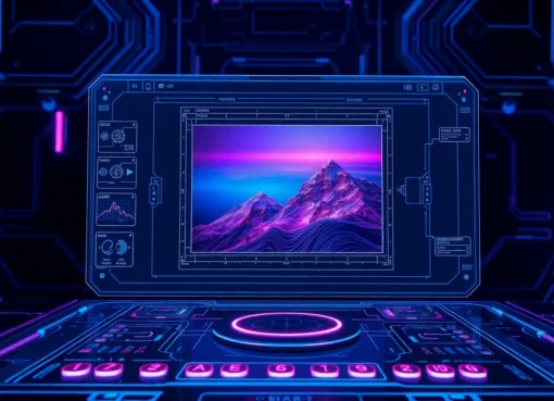 Futuristic AI interface showcasing advanced image editing with holographic controls and vibrant neon accents.