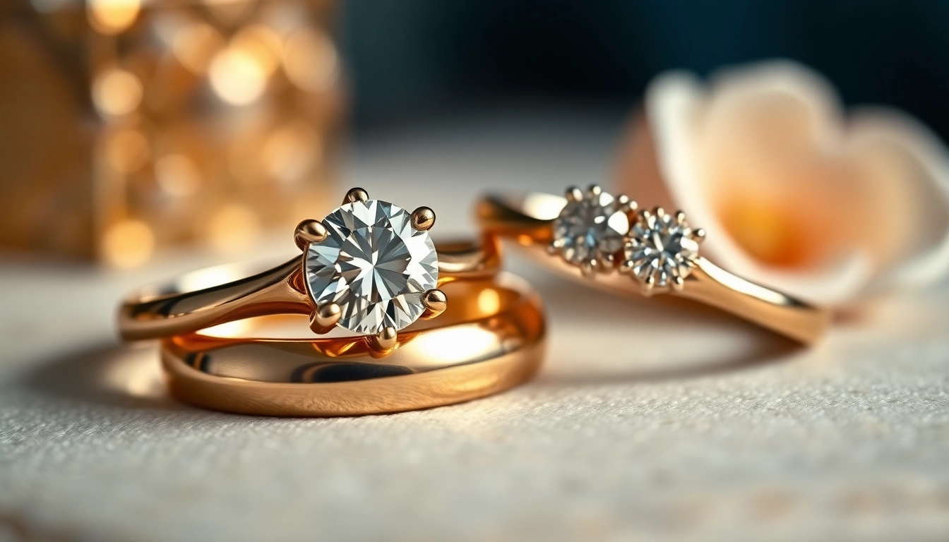 Detailed view of classic engagement rings with solitaire diamonds on gold bands, highlighting timeless elegance and craftsmanship for screen readers.